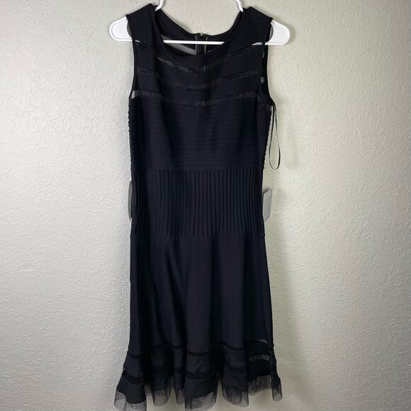 Tadashi Shoji Mesh Illusion Striped Dress Black Fit & Flare Size Medium NWT - Picture 2 of 11